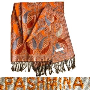 Metallic Pashmina Scarf / Shawl / Wrap | Silver / Orange / Black | 27"W x 69.5"L